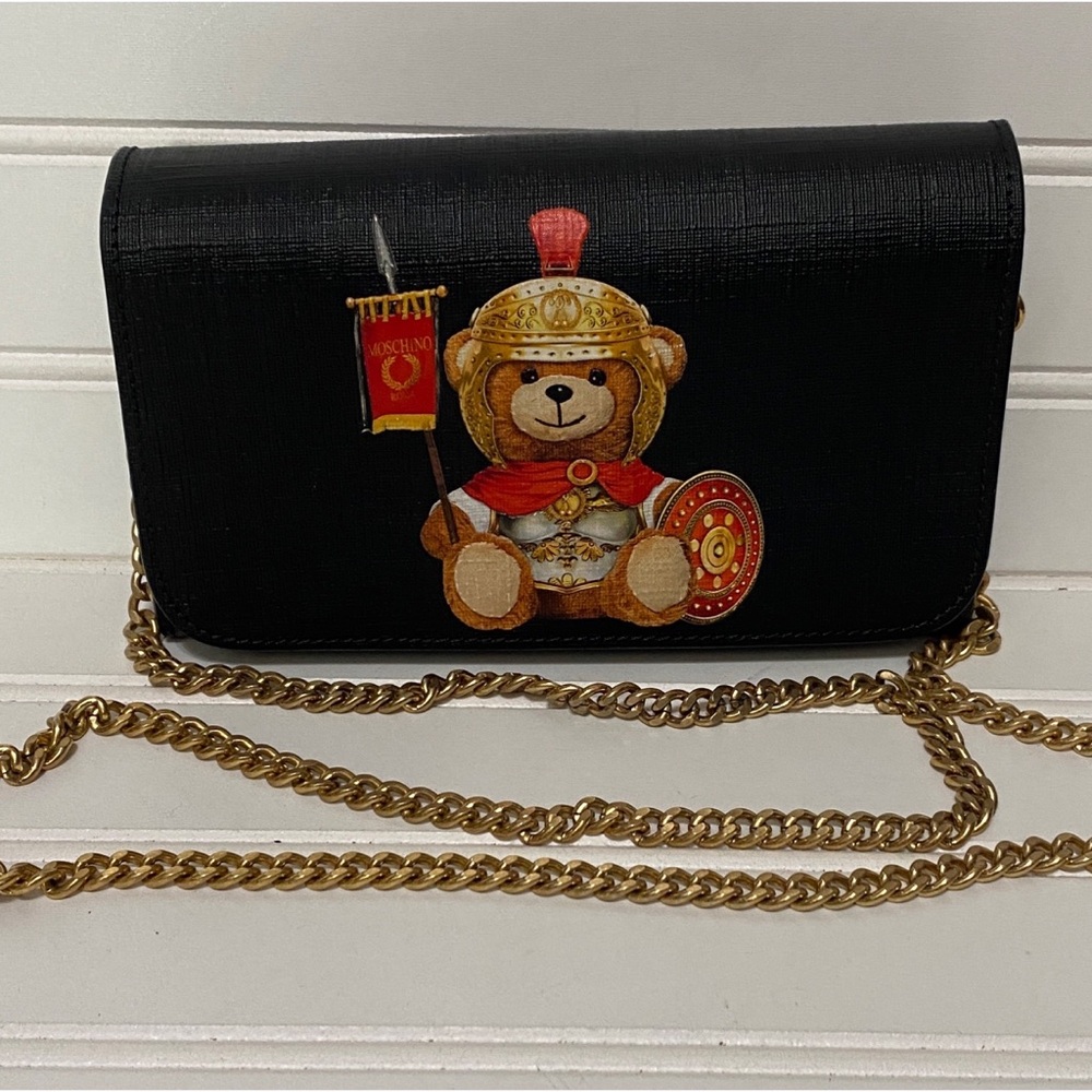 MOSCHINO Black Leather Gladiator Teddy Bear Wallet on Chain Shoulder Bag Purse